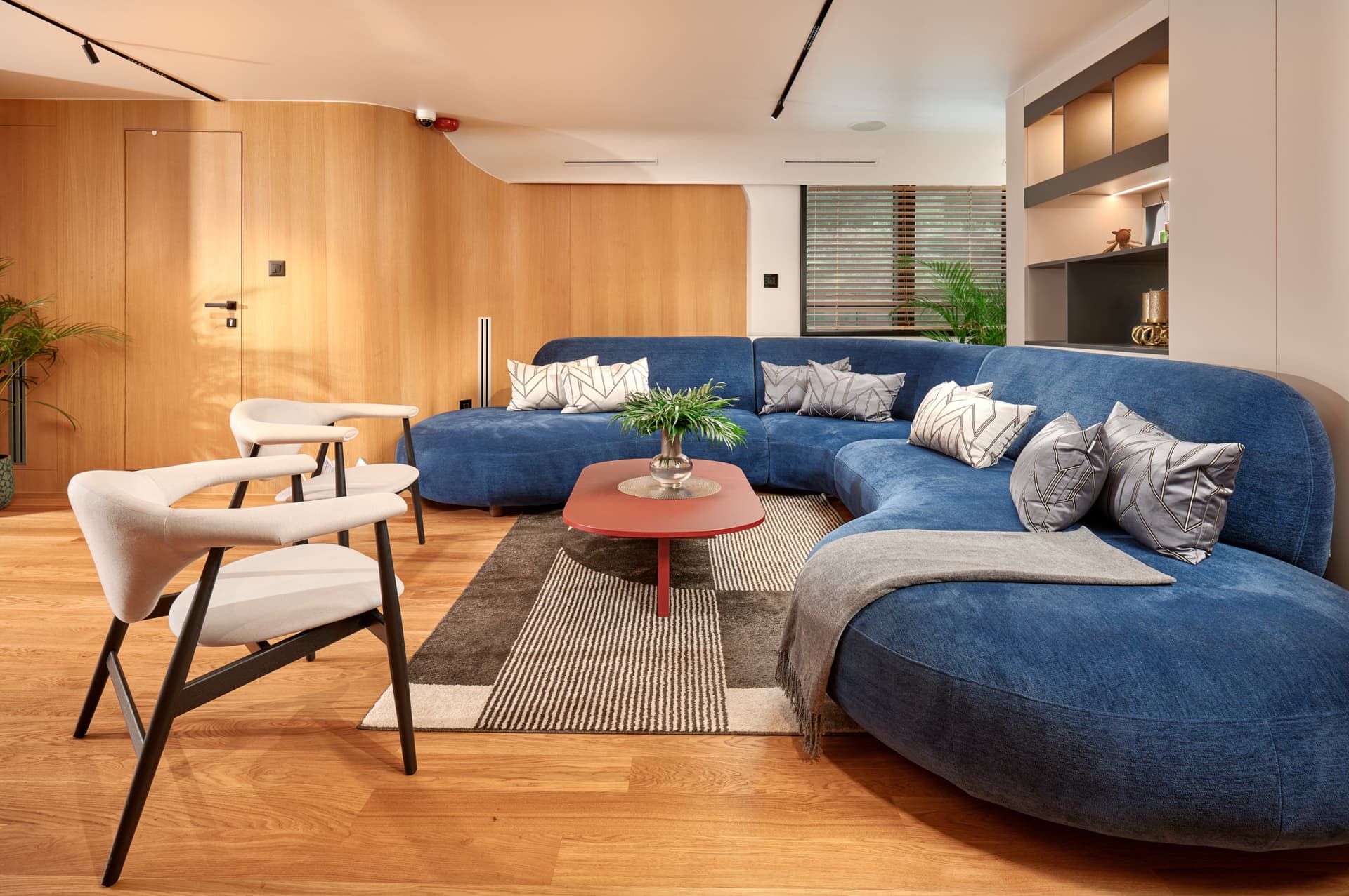 Modern living room with curved blue sofa, light wood walls, and contemporary chairs.