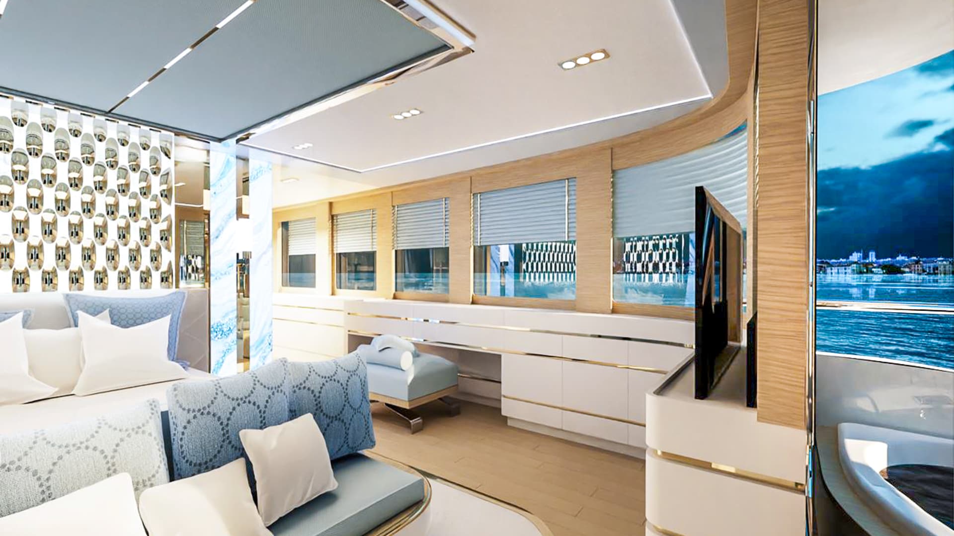 Luxury yacht owner's suite with light wood, white cabinetry, and blue accents, showing city view.