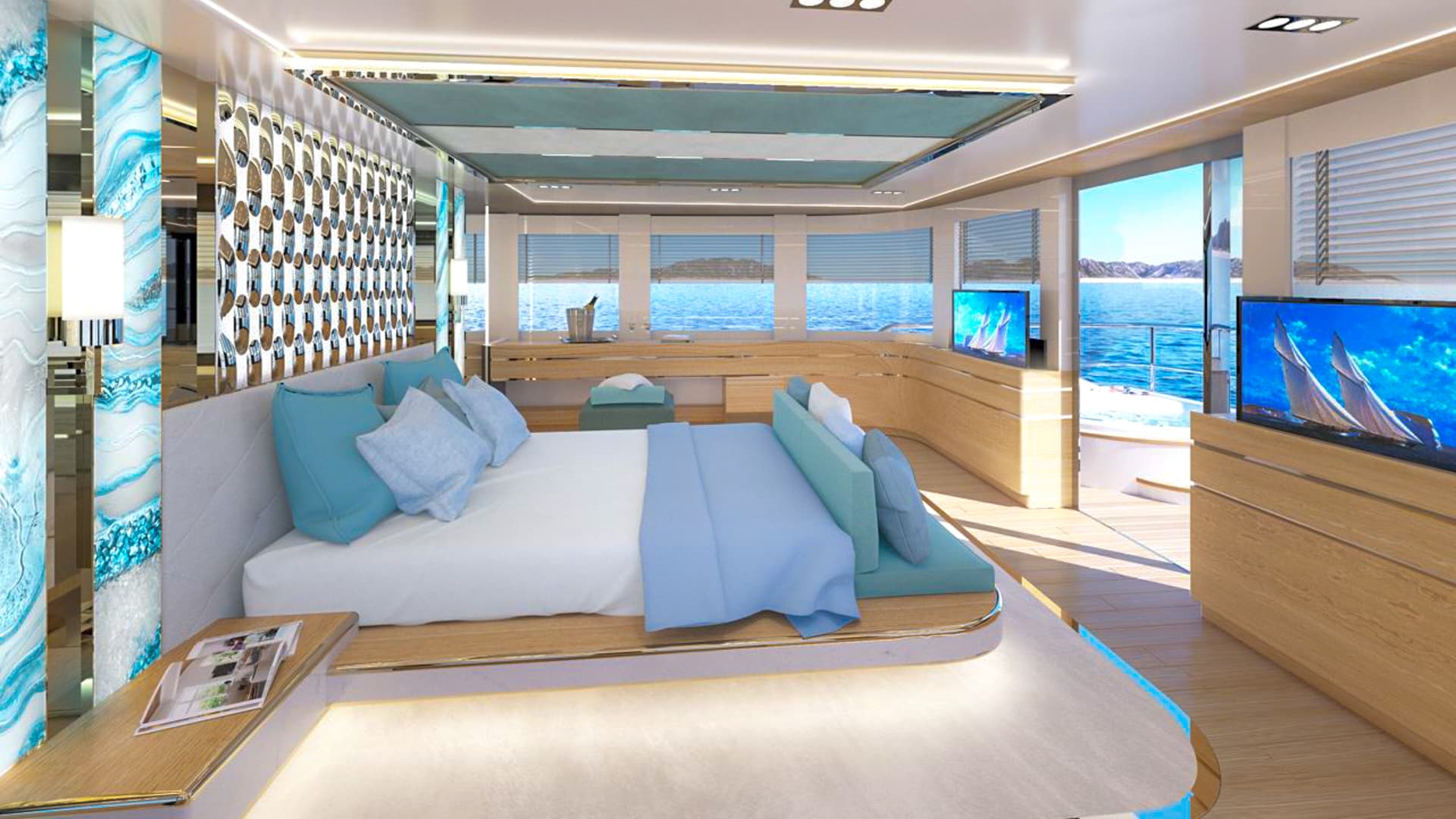 Luxury yacht owner's suite with light wood, blue accents, and sea view