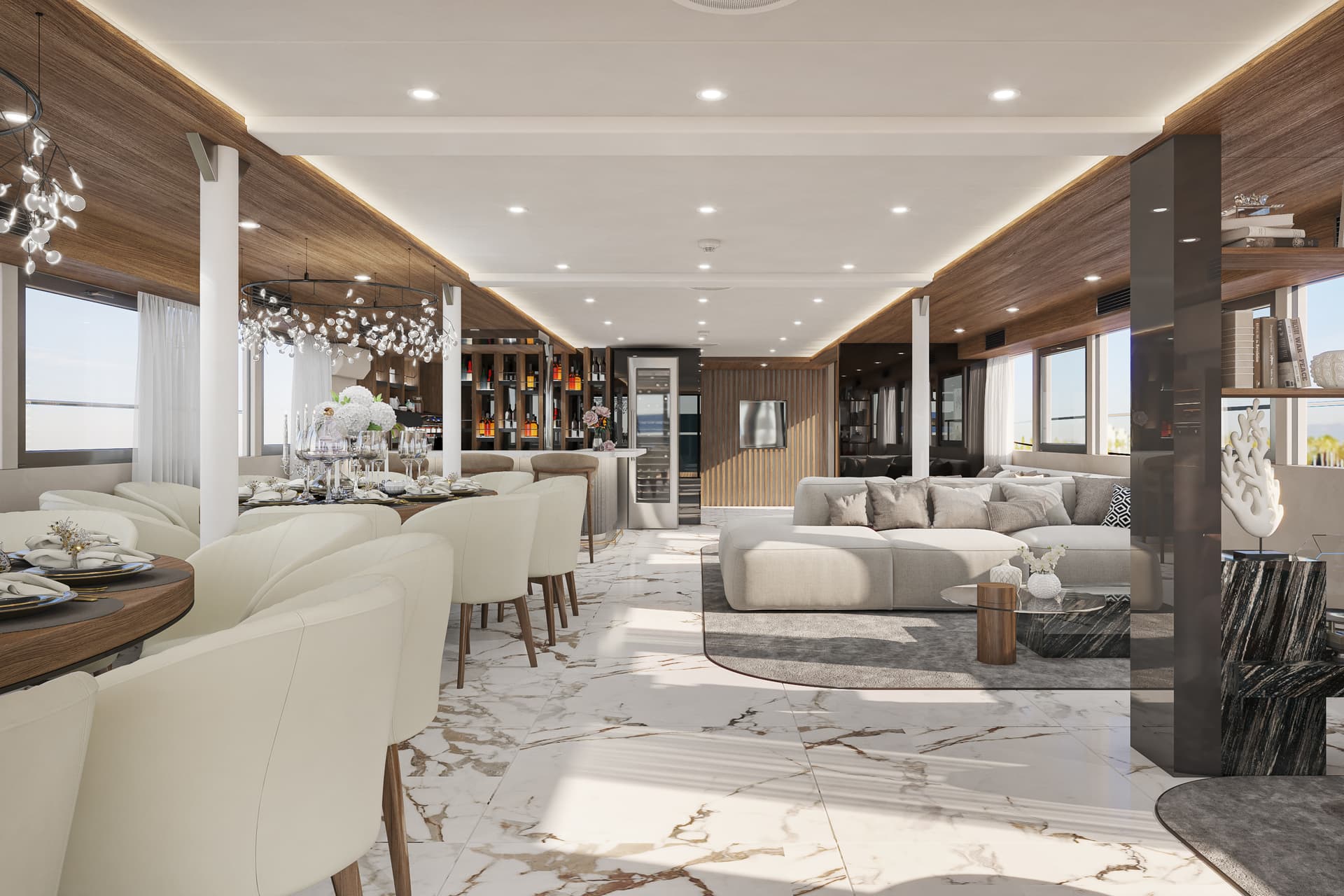 Luxury yacht interior with dining area, bar, and modern living space
