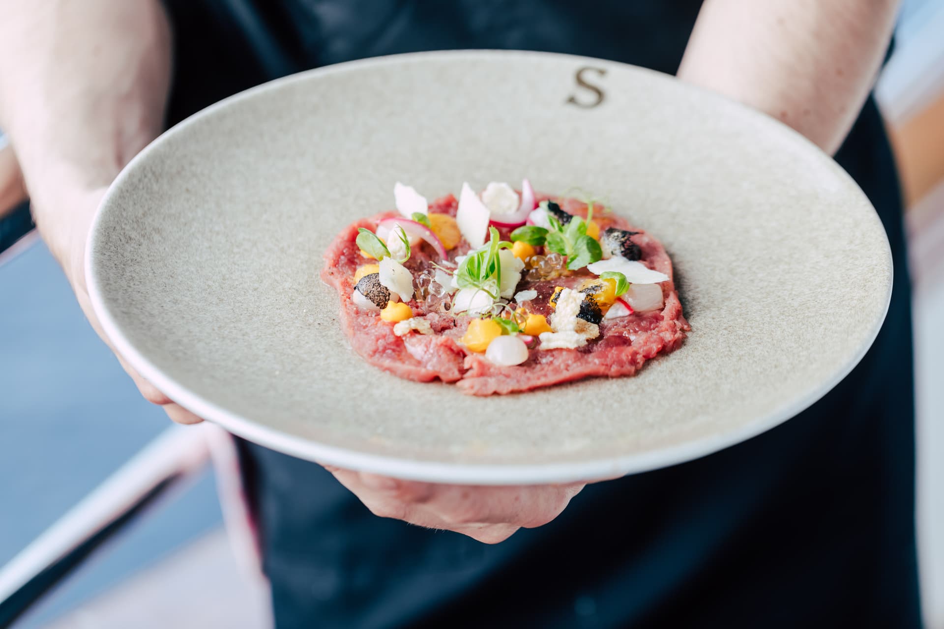 Thinly sliced meat carpaccio with garnishes served on a speckled plate held by a person.
