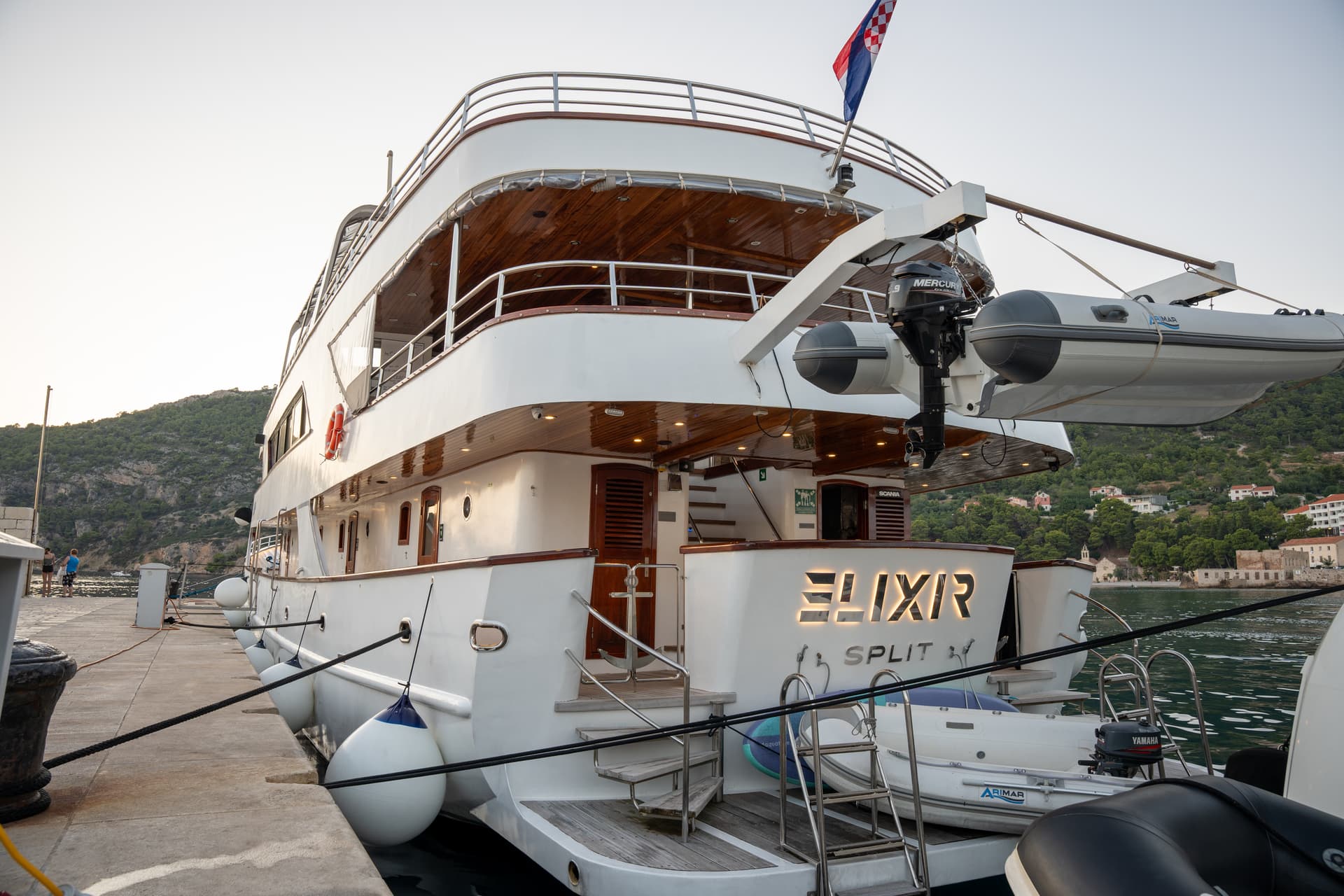 Luxury yacht Elixir docked in Split with tender boats
