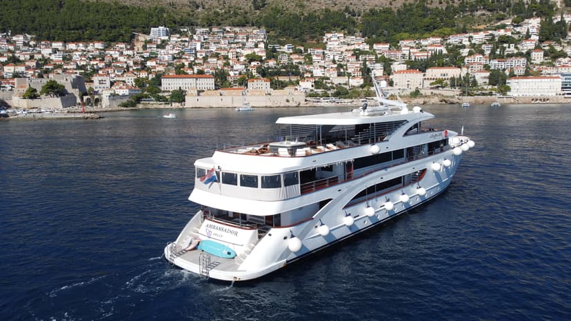 Ambassador yacht on coastal waters with town in background