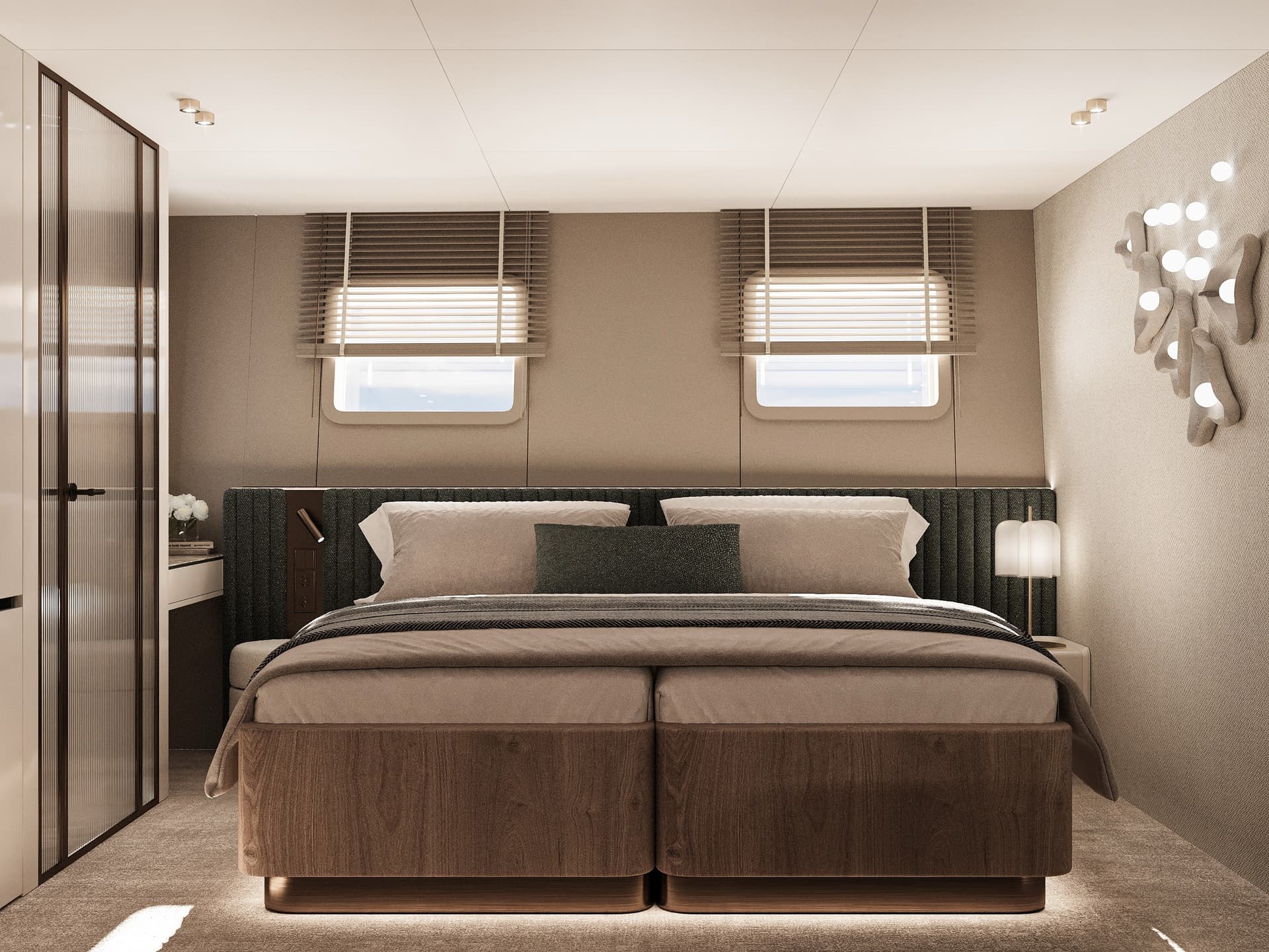 Modern cabin bedroom interior with large double bed and two small rectangular windows with blinds