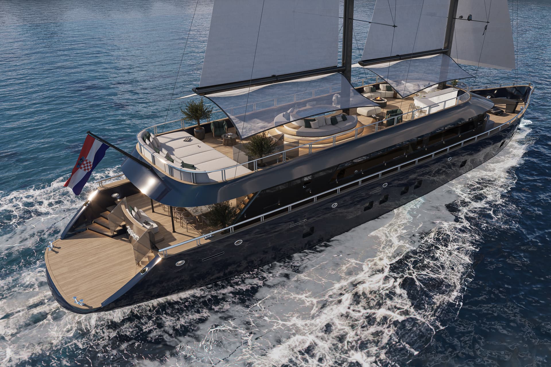 Luxury sailing yacht on blue coastal water with Croatian flag