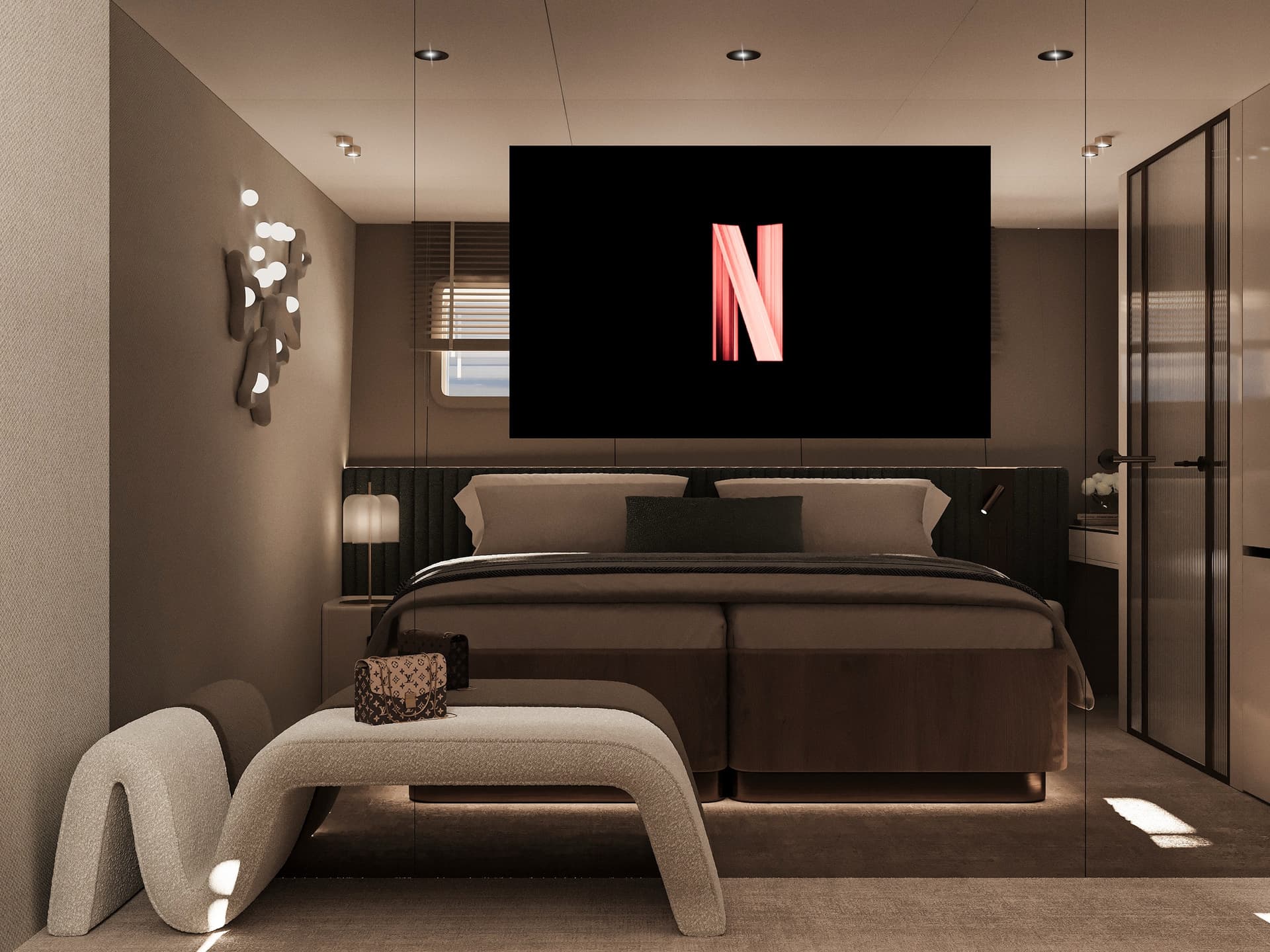 Luxury guest cabin bedroom with large bed and TV screen
