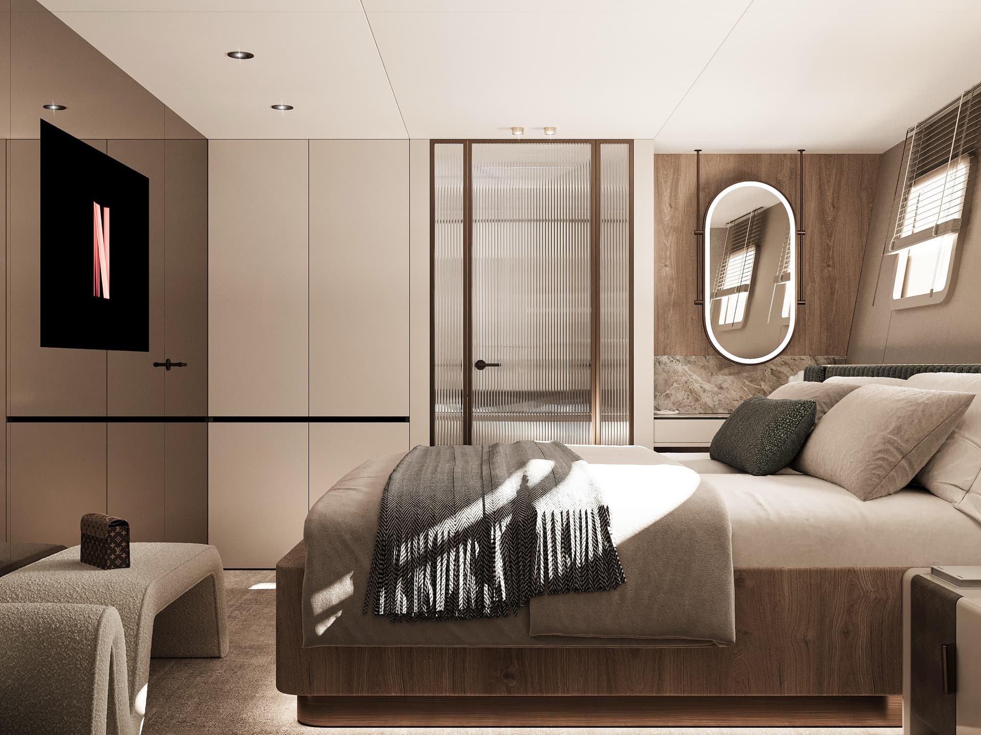 Modern cabin bedroom interior with double bed, wood paneling, and lit mirror