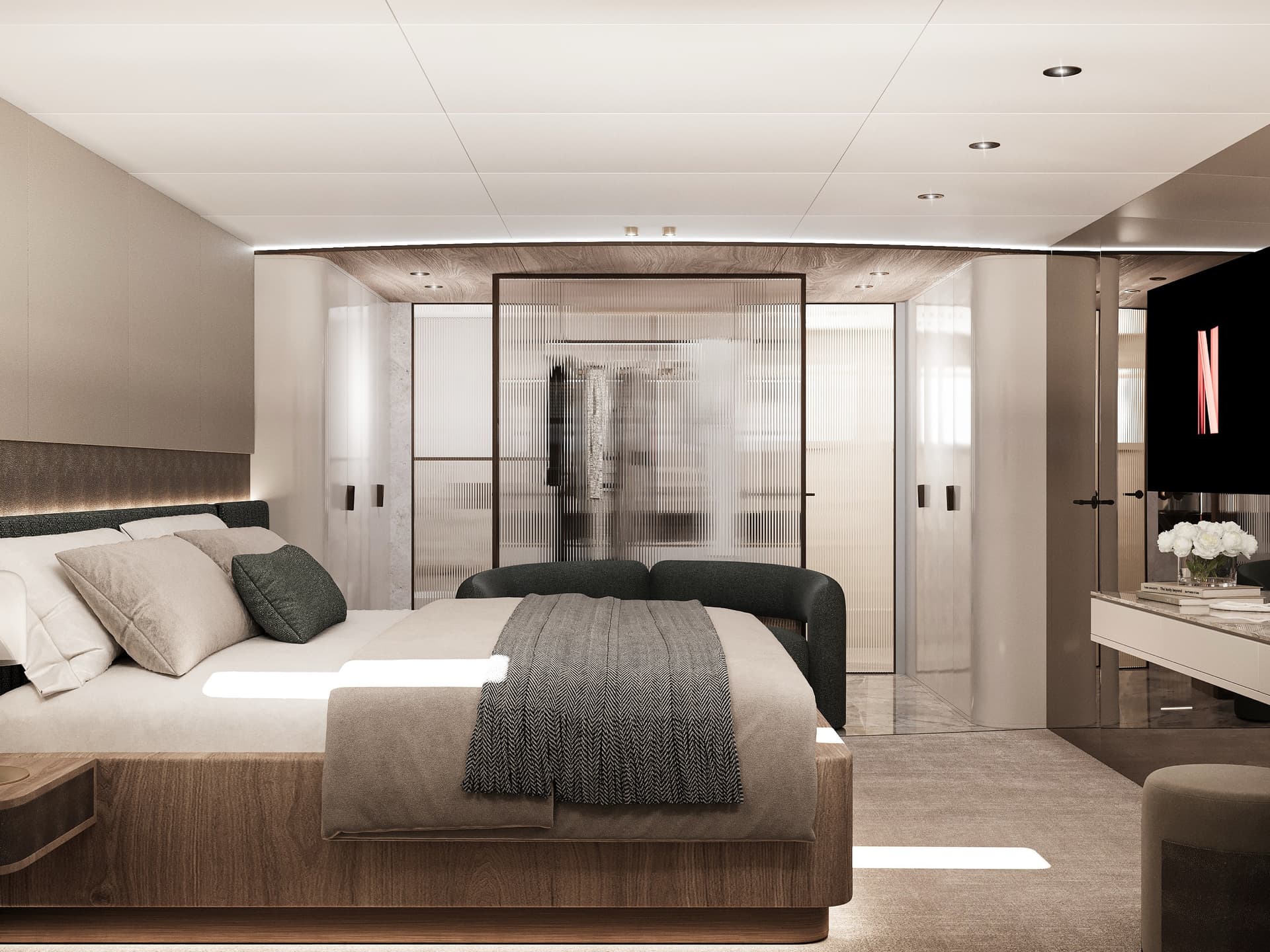 Modern luxury yacht master cabin interior with double bed and desk