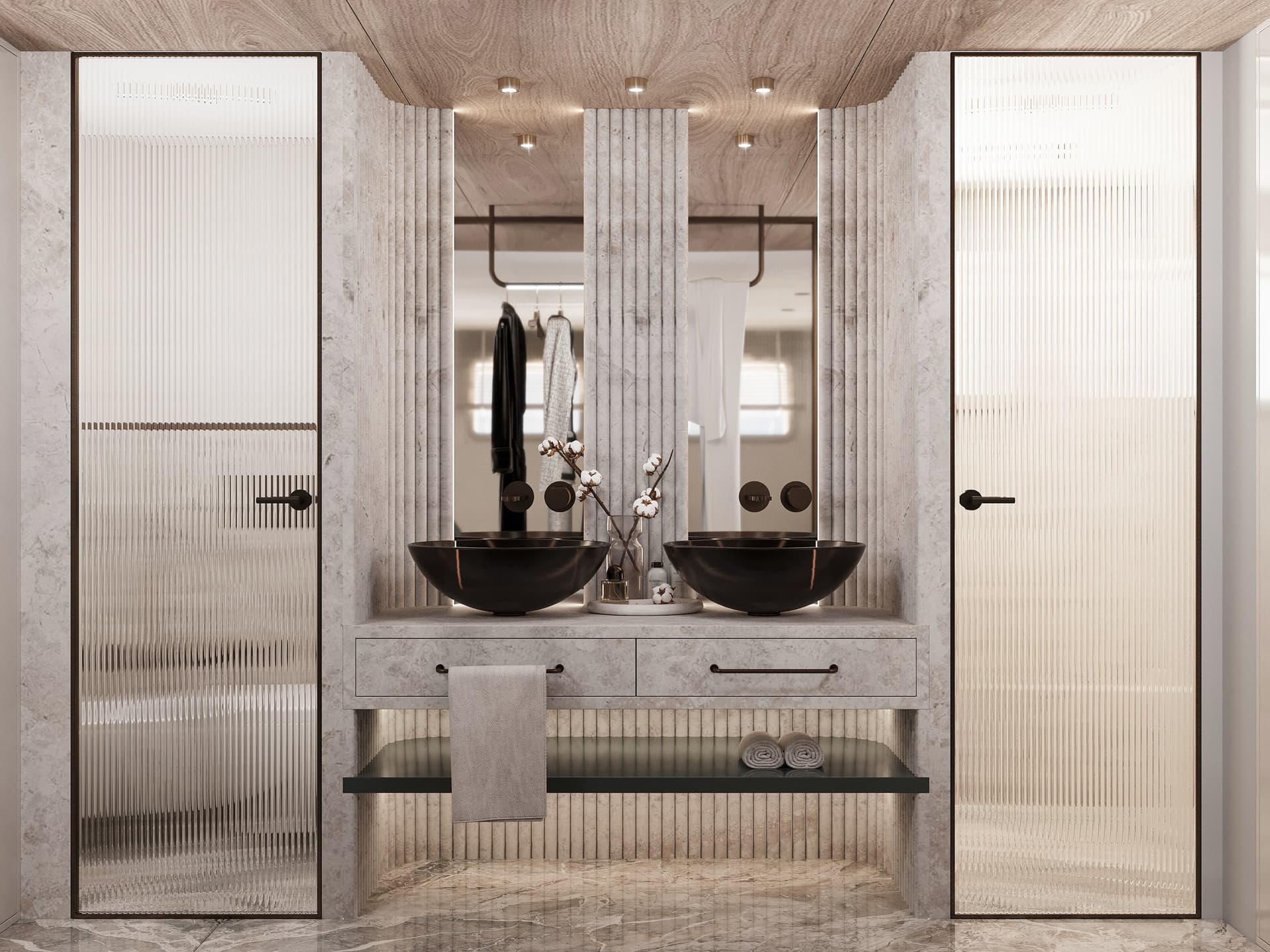 Modern hotel bathroom interior with double vessel sinks and marble vanity