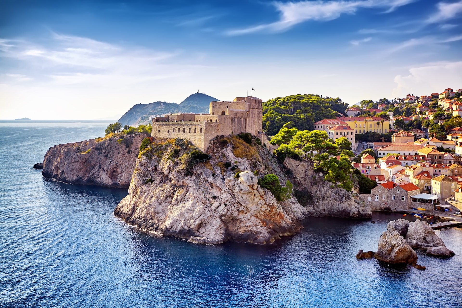 Fort Lovrijenac overlooking the Adriatic Sea next to Dubrovnik's coastal town.
