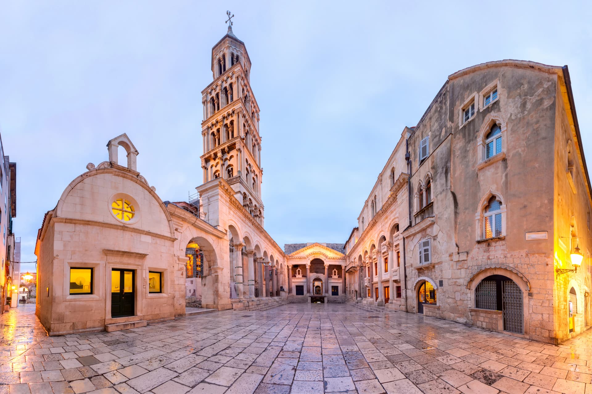 Panoramic view of Saint Domnius Cathedral in Diocletian Palace in Old Town of Split, the second largest city of Croatia in the morning