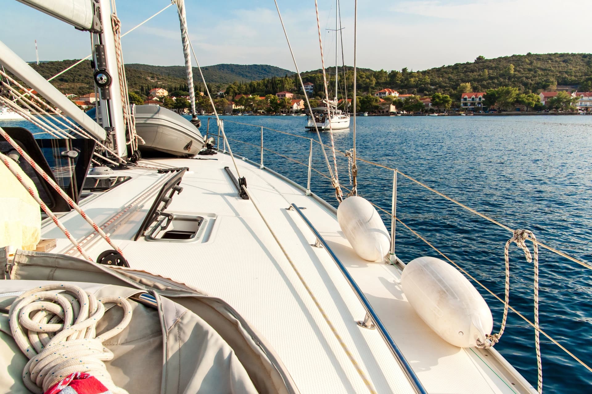 Coastline in Loviste , Peljesac, Croatia, view from yacht. Holiday in Croatia. Ship transportation. Yachting sport. Safe boat mooring.
