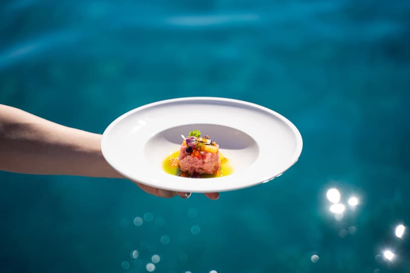 Gourmet food dish on white plate held over blue sea water
