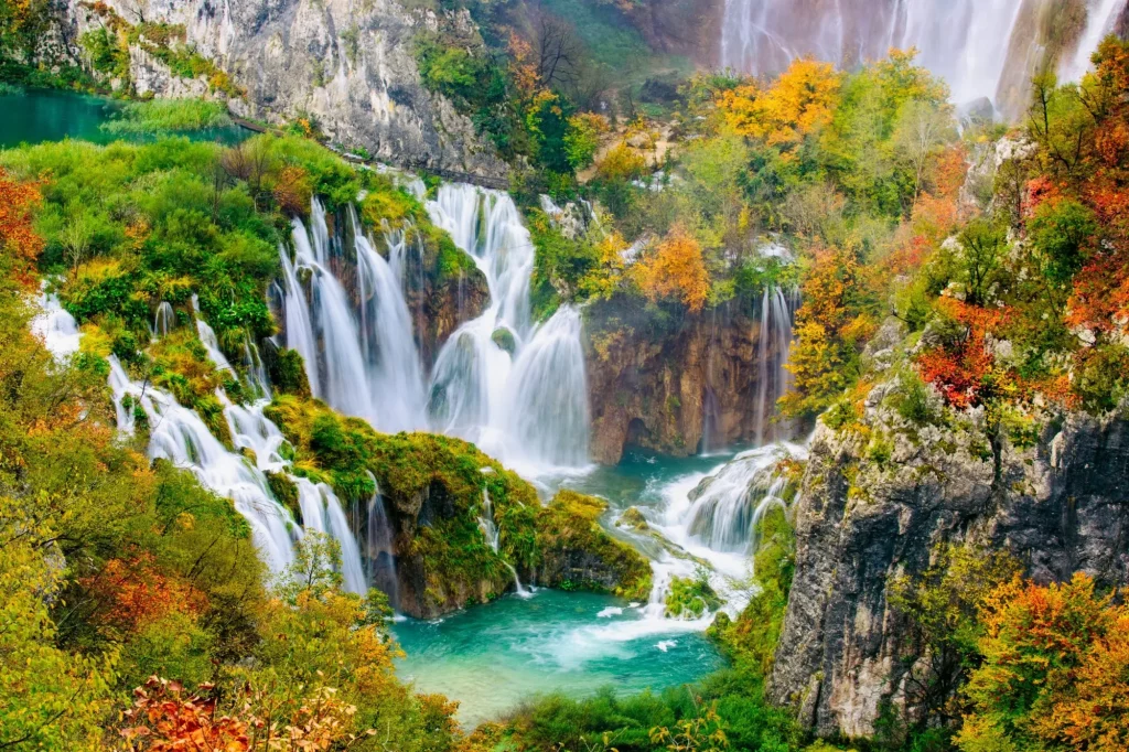 Detailed view of the beautiful waterfalls in the sunshine in Plitvice National Park, Croatia